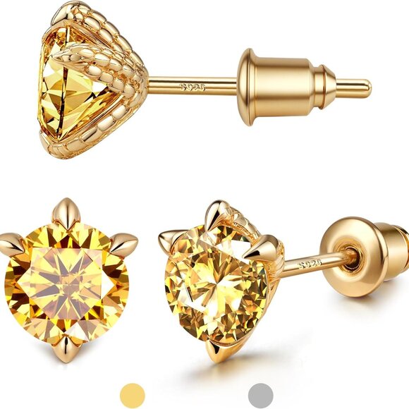 Jewelry - Moissanite Earrings Studs Sterling Silver Gold Plated Hypoallergenic for Women M